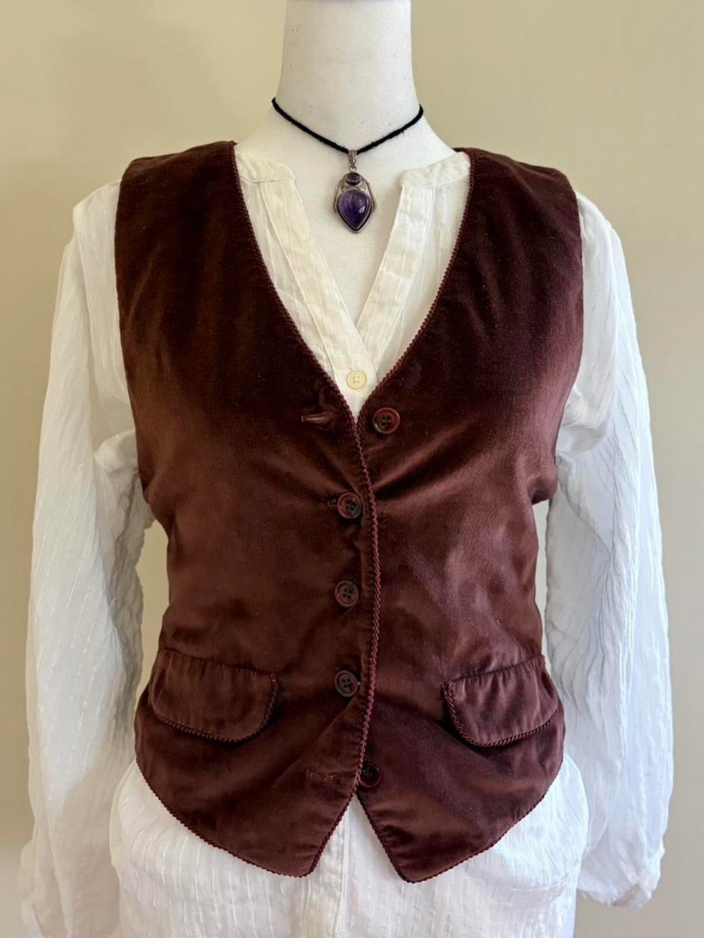 Vintage 70s brown velvet vest waistcoat indie retro dark academia librarian S-M
